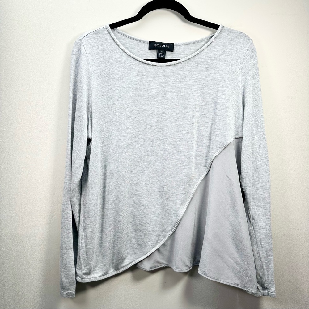 St. John Heather Gray Viscose and Silk Asymmetrical Top, Beaded Scoop Neck, Med